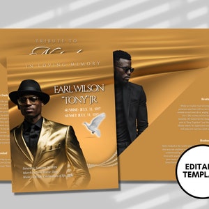 8.5&quot;x 11&quot; Bright Gold Obituary Template (8 pages) Men&#39;s Gold Funeral Program | Celebration of Life | Obituary|Canva Template