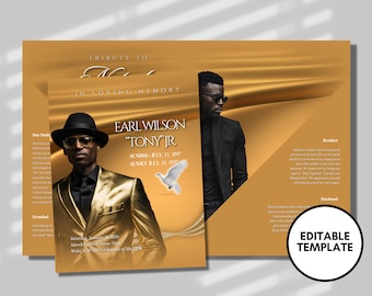 Gold Obituary Template: Men's Funeral Program, Celebration of Life (Canva Template)