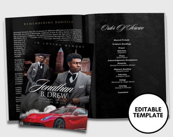 Red City Luxury Funeral Booklet (4 pages) |Classy Black Funeral Program | In Loving Memory  |Forever In Our Hearts |Canva Template