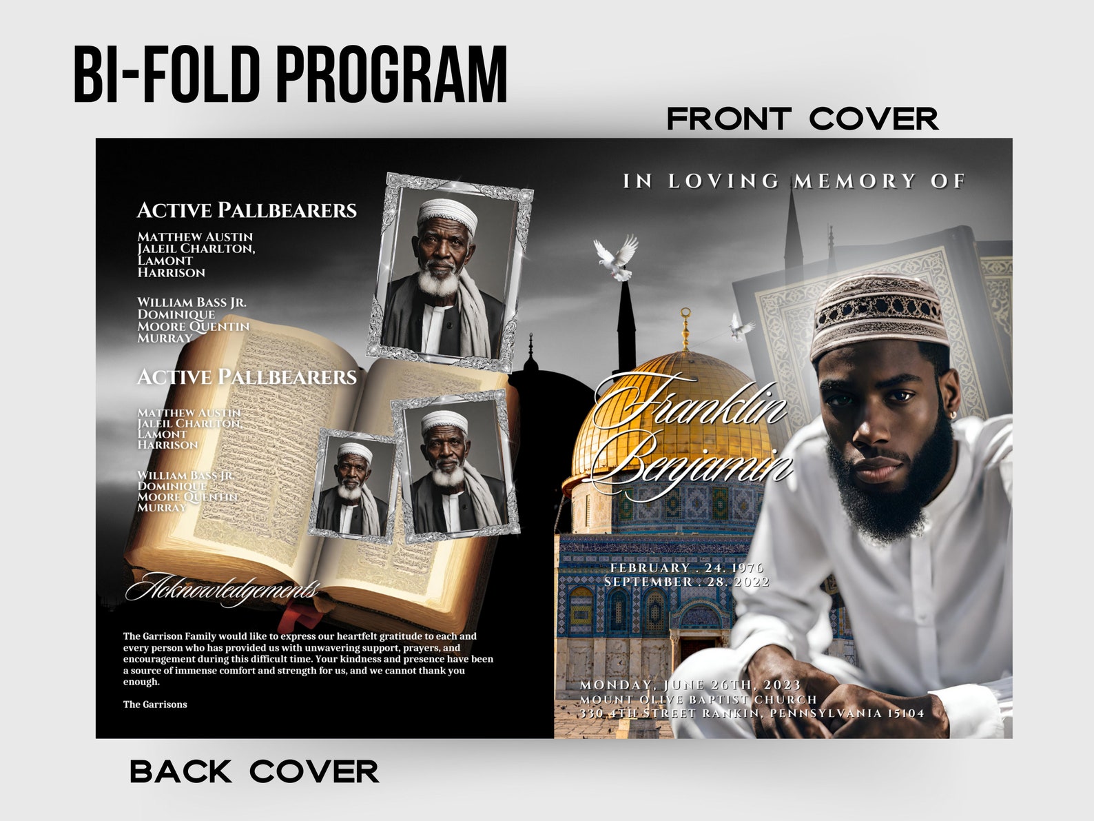 Muslims Program Design Muslim Funeral Program Template: Gray & Black Obituary, Celebration of ...