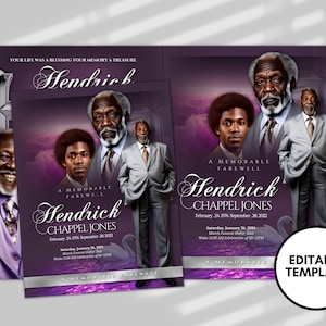 Könnte beinhalten: Lila und silberne Traueranzeige-Vorlage mit einem Foto eines Mannes und dem Text "A Memorable Farewell, Hendrick Chappel Jones, February 24, 1956 - September 28, 2022".