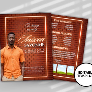 Plantilla de programa funerario para hombre en ladrillo naranja: editable, 8,5 x 11 (Canva DIY)