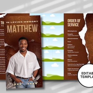 Rustic Brown Funeral Program Template: Mens Trifold Brochure (17x11 Editable)