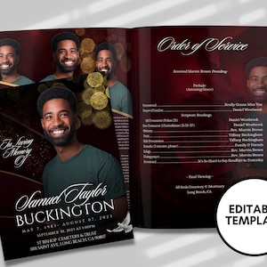Red & Gold Funeral Program Template: Celebration of Life Keepsake (Digital Download)