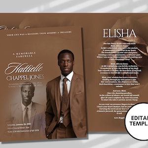 8.5&quot;x 11&quot; Brown Men&#39;s Obituary Template (8 pages) Men&#39;s Style Funeral Program | Celebration of Life | Obituary|Canva Template