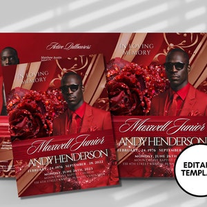 Red rose 8.5x11 booklet Memorial program (8 pages) | Red Glitter Funeral Program |Celebration of Life |Keepsake |Digital Download |Canva