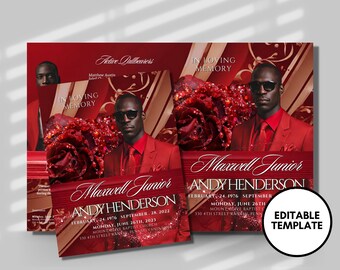 Grey SUNRISE BOOKLET Memorial program (8 pages) | Red Glitter Funeral Program |Celebration of Life |Keepsake |Digital Download |Canva