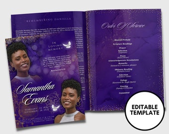 Purple Keepsake Booklet (4 pages) |Elegant Gold Funeral Program | Celebration of life  |Women purple gold Program |Canva Template