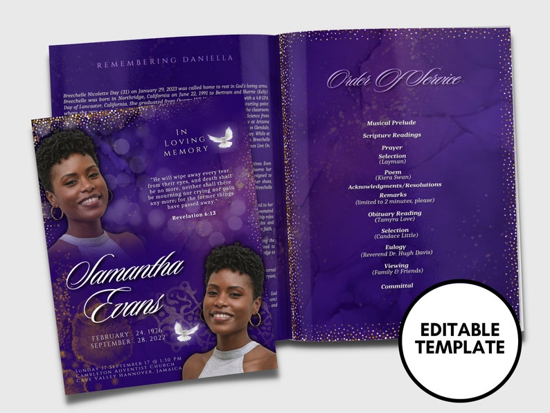 Purple Keepsake Booklet 4 pages Elegant Gold Funeral Program Celebration of life Women purple gold Program Canva Template image 1