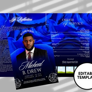8.5&quot;x 11&quot; BLUE OBITUARY BOOOKLET (4 pages) |Elegant Style Funeral Program | Celebration of Life | Blue Rose Obituary |Canva Template