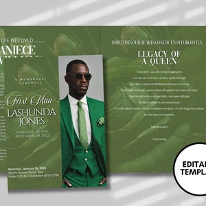 Men&#39;s Green Obituary Template: Funeral Program Canva Template (8.5&quot;x11&quot;, 8 Pages)