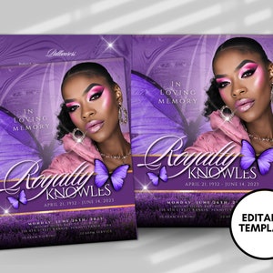 Puede incluir: Anuncio de funeral morado y rosa con una foto de una mujer con mariposas y el texto "En memoria cariñosa Royalty Knowles 21 de abril de 1932 - 14 de junio de 2023" y detalles sobre el servicio fúnebre.