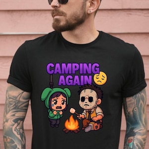 DBD, Funny DBD Shirt – Camping Again Meme – Chibi Bubba & Feng Min – DBD Shirt – Gift for Horror Gamers and Streamers