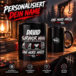 May include: A black ceramic mug featuring the white text DAVID SURVIVOR MAIN and the phrase ONE MORE MATCH. The design includes four icons labeled STEALTH, CHASE, RESCUE, and ESCAPE, along with a stylized white logo of five vertical lines.
