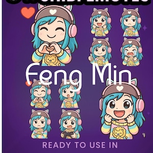 Pode incluir: Um gráfico roxo com oito emotes chibi de um personagem com cabelo azul, orelhas de gato e fones de ouvido. Os emotes mostram várias expressões. O texto inclui "Discord & Twitch", "8 x Chibi Emotes" e "Feng Min".