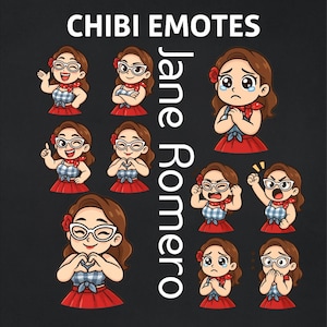 Könnte beinhalten: Eine Sammlung von Chibi-Emotes mit einer Cartoon-Frau mit braunen Haaren, Brille und einer roten Blume. Die Emotes zeigen verschiedene Ausdrücke, darunter Freude, Traurigkeit und Wut. Der Text "CHIBI EMOTES" und "Jane Romero" ist ebenfalls sichtbar.