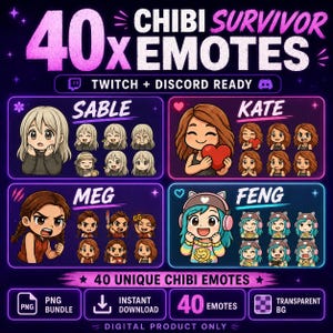 Könnte beinhalten: Digitales Produkt-Grafik mit der Aufschrift "40 x Chibi Survivor Emotes". Das Bild zeigt vier Zeichensätze: Sable, Kate, Meg und Feng, jeweils mit mehreren Chibi-Emotes. Enthält "Twitch + Discord Ready" und "Sofort-Download" Text.