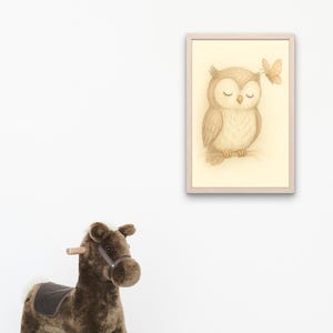 Owl Poster for Kids Room – Hand-drawn sleeping owl with butterfly – Gentle forest animal illustration – Digital Download