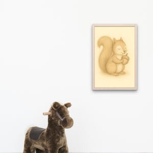 Póster de ardilla para guardería: ilustración de animal del bosque dibujada a mano como descarga digital para habitación de bebé, decoración y regalo.