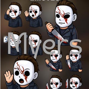 Könnte beinhalten: Eine Sammlung von Chibi-Horror-Killer-Emotes. Der Charakter trägt eine weiße Maske mit Blutspritzern und einen schwarzen Overall. Der Text "CHIBI HORROR KILLER EMOTES" steht oben.