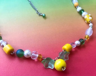 The “Lemon Meringue” Necklace | Handmade  Stainless Steel, Glass, Shell and Gemstone Beaded Necklace | Strawberry Shortcake Inspired