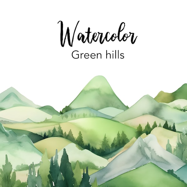 Watercolor clipart green hills, grassy mountains, nature clip art, mountain sublimation, png files, clip art, commercial use, transparent