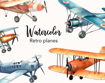 Watercolor clipart retro planes, aircraft illustrations, png files for commercial use, artwork with transparent background, digital download