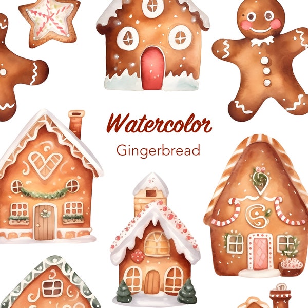 Ginger bread clipart, watercolor gingerbread clip art, commercial use, gingerbread house, digital watercolour graphics, christmas clipart