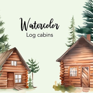 Aquarel clipart blokhut, Scandinavische hutten, houten huis, blokhut, bos png-afbeeldingen, huis illustratie, bomen, gezellig bos