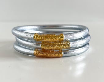 Buddhist bangle, silver with gold mantra
