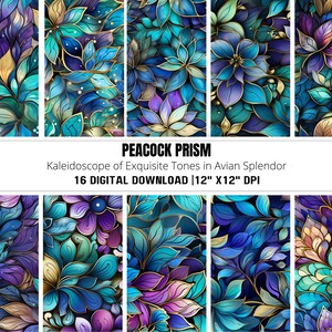 Pfauenfarben Digital Bundle, Blau Lila Blumen, druckbare Metallic Blumen Muster, Boho Papiere, Gold Nahtlose Scrapbooking