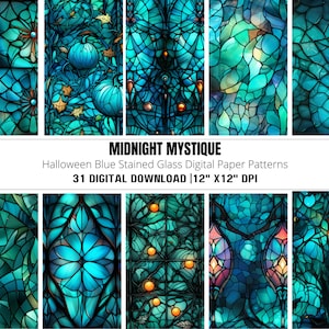Halloween Seamless Pattern, Tilling Pumpkin Paper, Blue Stained Glass Instant Digital Download