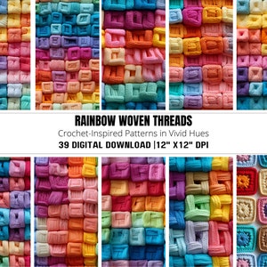 Digitales Häkelpapier, Wolle nahtlos druckbar, Regenbogen Fliesenmuster, Boho Strick Bundle