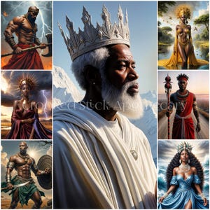 May include: A collage of nine images depicting diverse figures in various settings. The central image features a man with a white beard wearing a crown and a white robe. Other images include a woman with a crown and a red dress, a man with a red and black outfit, and a woman with a blue dress and a crown.