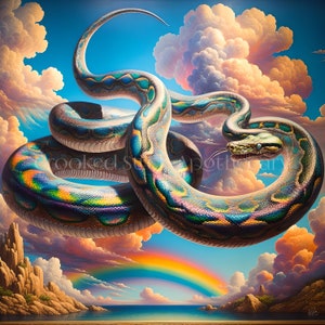 Puede incluir: Una gran serpiente verde y azul iridiscente con vientre amarillo está enroscada en el cielo sobre un arcoíris y una masa de agua. La serpiente está rodeada de nubes blancas y esponjosas.