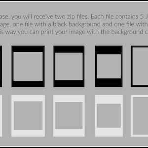 May include: Illustration showing two sets of five image frames. The top row shows black frames with white interiors. The bottom row shows white frames with gray interiors. This indicates that you will receive two sets of five images, one with a black background and one with a light gray background.