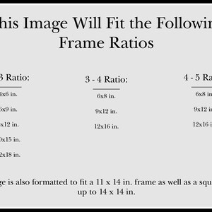 May include: A black and white text document listing different frame sizes that an image will fit into. The text includes the following frame ratios: 2-3, 3-4, and 4-5. The document also states that the image will fit into a 11 x 14 inch frame and a square frame up to 14 x 14 inches.