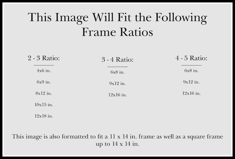 May include: A black and white text document listing different frame sizes that an image will fit into. The text includes the following frame ratios: 2-3, 3-4, and 4-5. The document also states that the image will fit into a 11 x 14 inch frame and a square frame up to 14 x 14 inches.