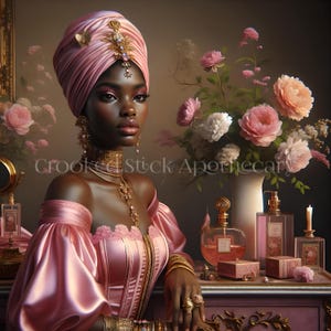 May include: A woman with dark skin wearing a pink turban and a pink dress with gold jewellery. She is sitting at a table with a vase of pink flowers, perfume bottles, and a candle.