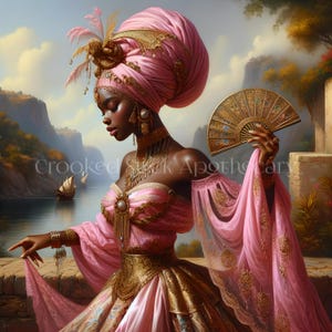 May include: A woman in a pink and gold dress and headwrap holds a gold fan. She is standing in front of a body of water with mountains in the background.