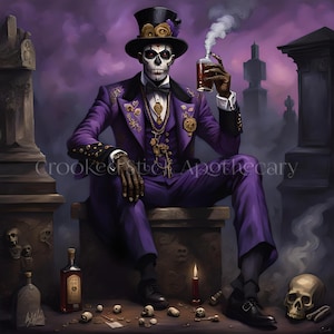 May include: A skeletal figure in a purple suit and top hat sits on a stone tomb, holding a glass of red liquid. The figure has a skull face with intricate makeup and is surrounded by skulls and other objects.