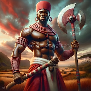 May include: A muscular figure wearing a red and white outfit and a red hat with a gold band. The figure is holding a large axe with a red and white design and a small face carved into the blade. The figure is standing in a field of tall grass with a sunset in the background.