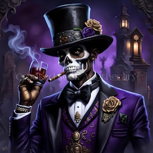 Könnte beinhalten: Eine skelettartige Figur in einem schwarzen Zylinder und einem violetten Smoking hält ein Glas mit roter Flüssigkeit und raucht eine Zigarre. Die Figur hat ein Zucker Schädel-Gesichtsbemalung und ist mit Blumen geschmückt. Der Hintergrund ist dunkelviolett mit einem verschwommenen Bild eines Gebäudes mit beleuchteten Fenstern.