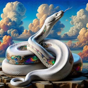Puede incluir: Imagen de arte digital de una serpiente blanca con marcas iridiscentes, enrollada sobre una superficie rocosa. La cabeza de la serpiente está levantada, con la lengua extendida, sobre un fondo de cielo azul y nubes esponjosas. La obra tiene un tema de fantasía.