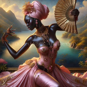 Könnte beinhalten: Eine Frau in einem rosa Kleid und einem goldenen Turban hält einen goldenen Fächer. Sie trägt goldenen Schmuck und hat dunkle Haut. Der Hintergrund ist ein Gemälde einer tropischen Landschaft.