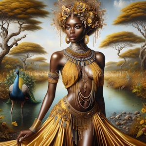 K&ouml;nnte beinhalten: Eine Frau mit dunkler Haut und einer goldenen Krone steht in einer Landschaft mit einem Pfau im Hintergrund. Sie tr&auml;gt ein gelbes Kleid und viele goldene Halsketten und Armb&auml;nder.
