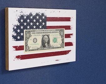 Wandbild USA Flagge auf Holz mit echter Dollar Note
