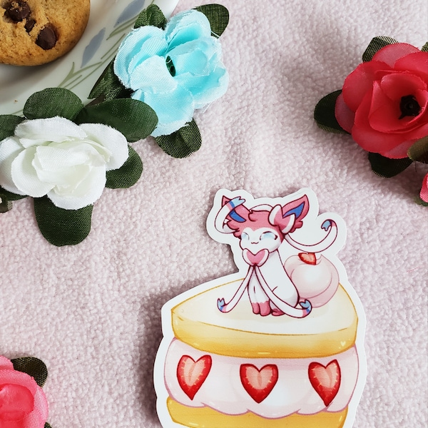 Kawaii glossy vinyl Sylveon cake sticker, kawaii sticker, pokemon, desserts, adorable, pastel, cute, waterproof, laptop sticker, gamer anime