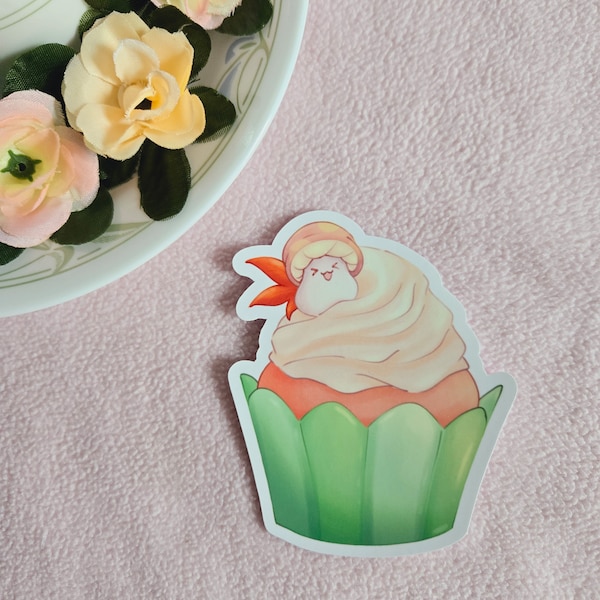 Kawaii glossy vinyl Orange mushroom cupcake sticker, kawaii sticker, adorable, pastel, cute, waterproof, cupcake, sweets, art, Maplestory