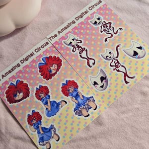 The amazing digital circus sticker sheet, ragatha, gangle, adorable, cute, waterproof, laptop sticker, bottle sticker, vibrant, kawaii